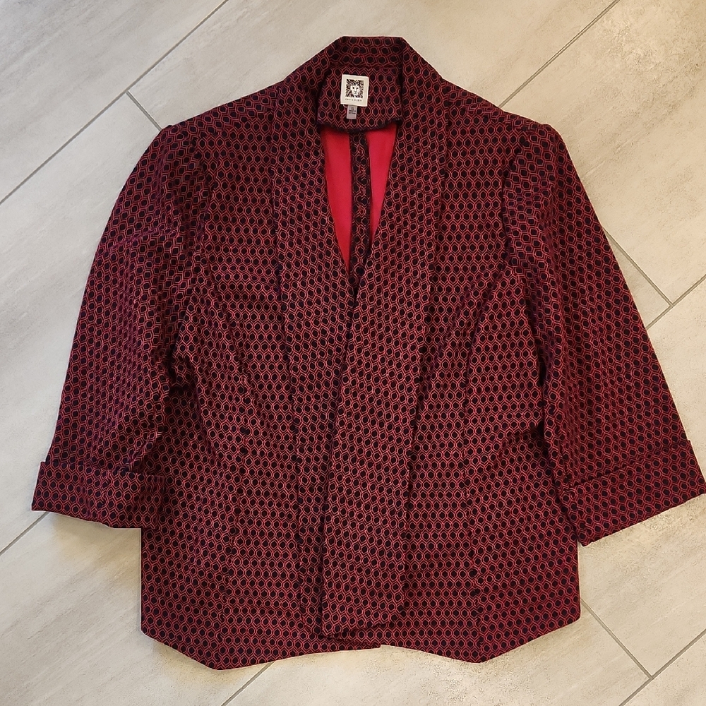 Anne Klein Red and Black Geometric Blazer 3/4 Sleeves Open Front